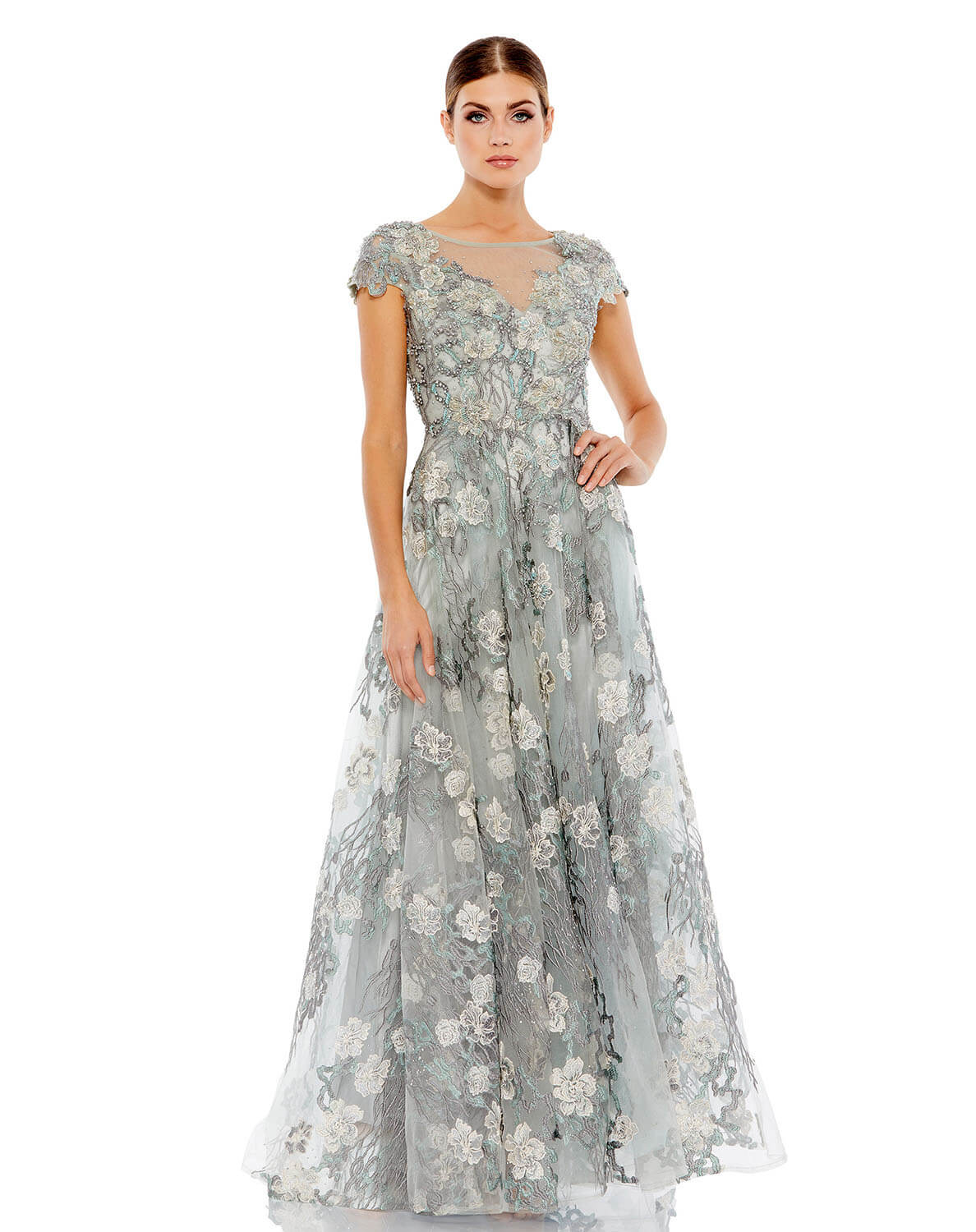 FLORAL EMBROIDERED SHORT SLEEVE GOWN