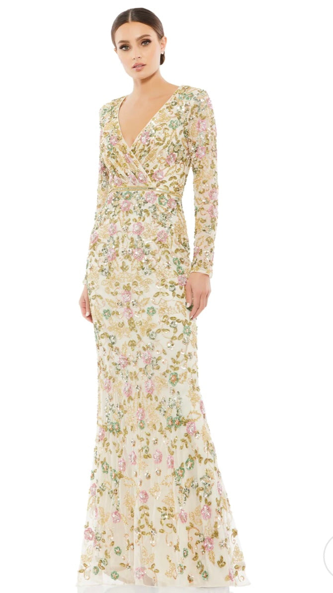 Mac Duggal LONG SLEEVE FLORAL EMBELLISHED GOWN