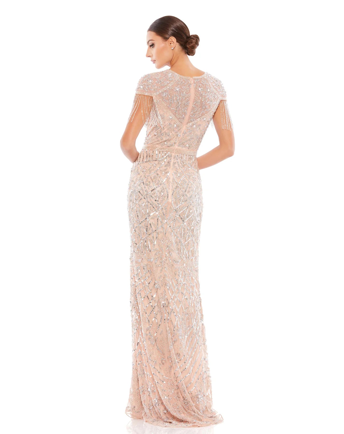 EMBELLISHED FRINGE CAP SLEEVE TRUMPET GOWN