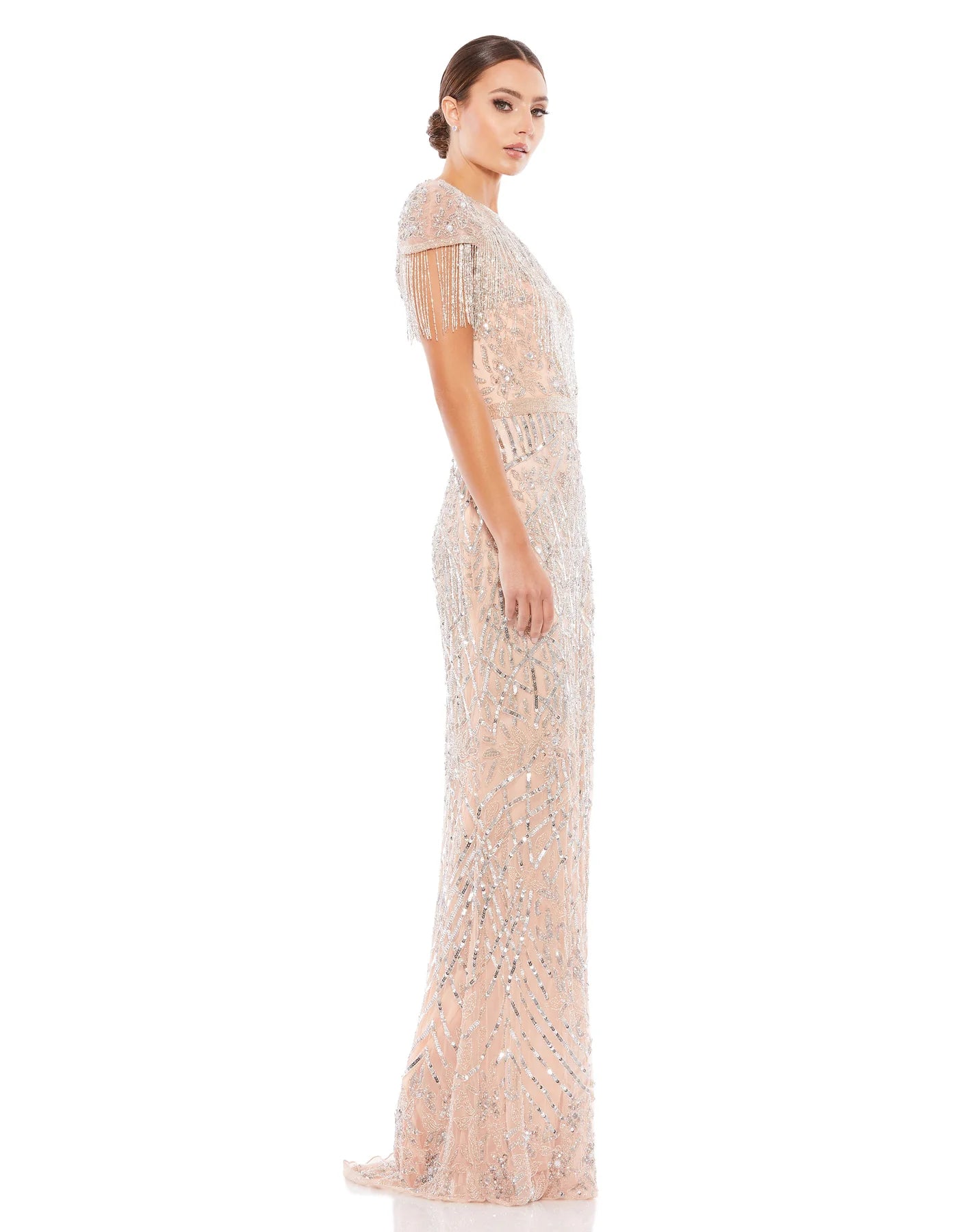 EMBELLISHED FRINGE CAP SLEEVE TRUMPET GOWN