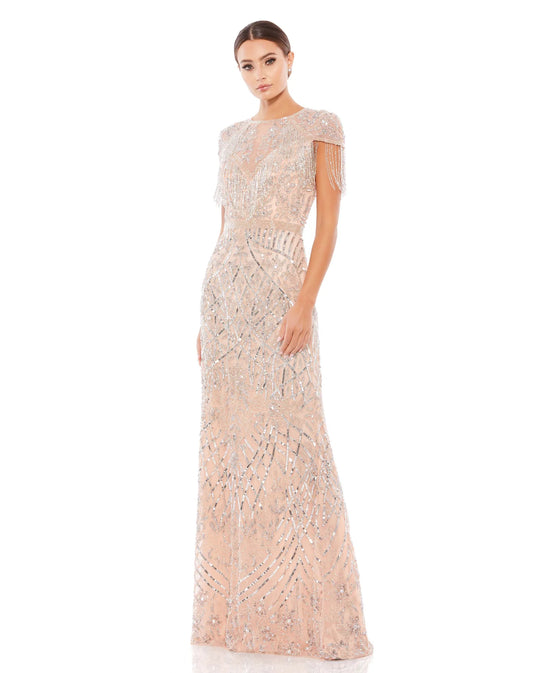 EMBELLISHED FRINGE CAP SLEEVE TRUMPET GOWN