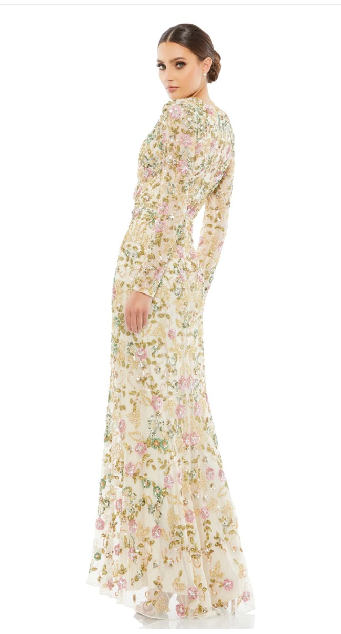 Mac Duggal LONG SLEEVE FLORAL EMBELLISHED GOWN