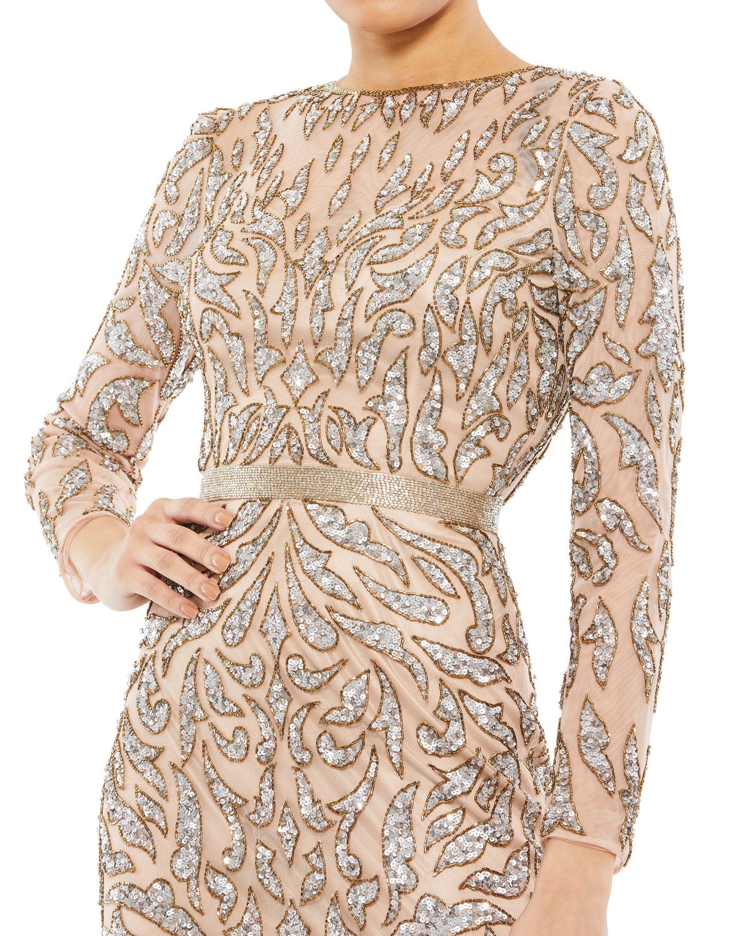 EMBELLISHED ILLUSION SHEATH DRESS