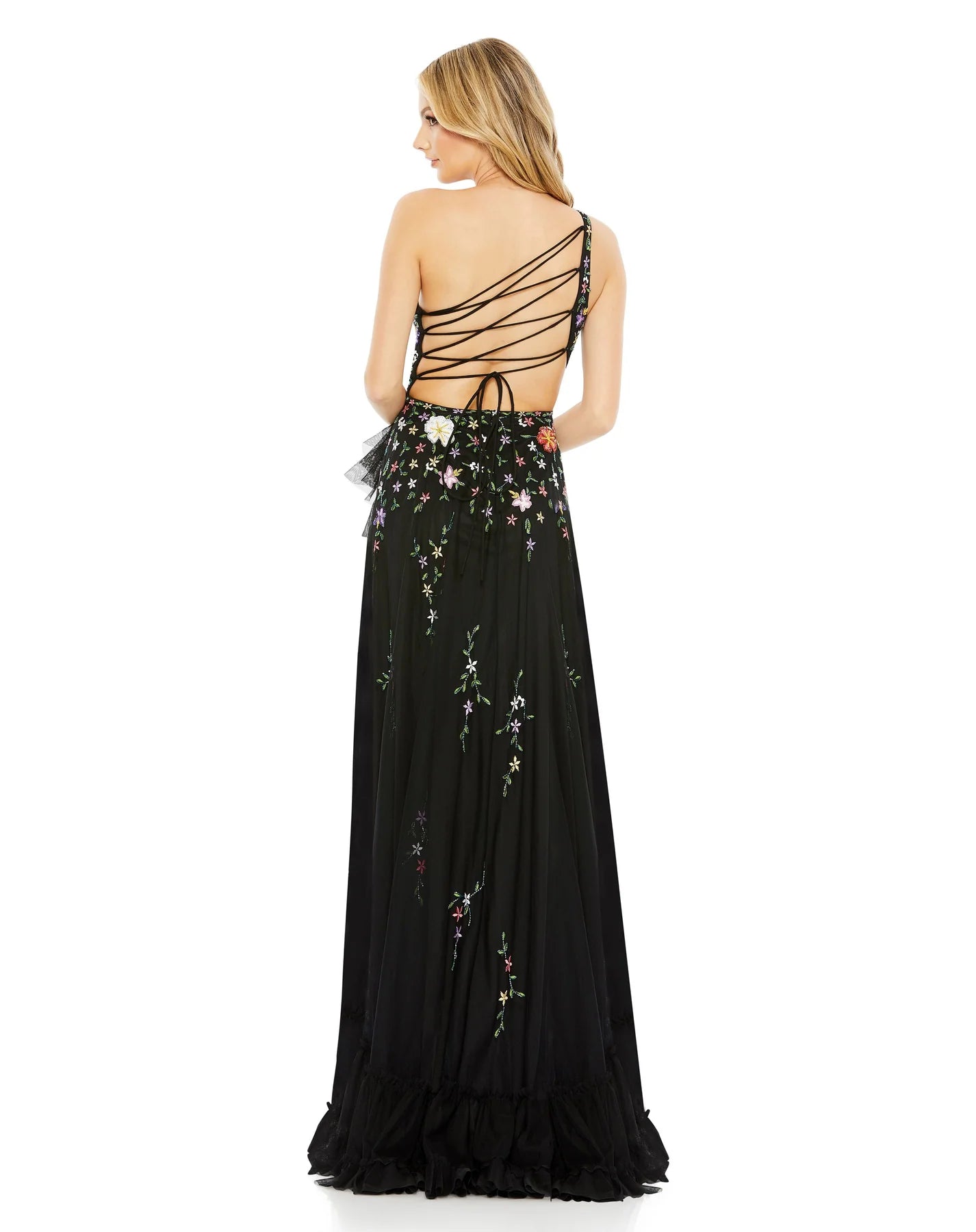 EMBELLISHED ONE SHOULDER ASYMMETRICAL HEM DRESS