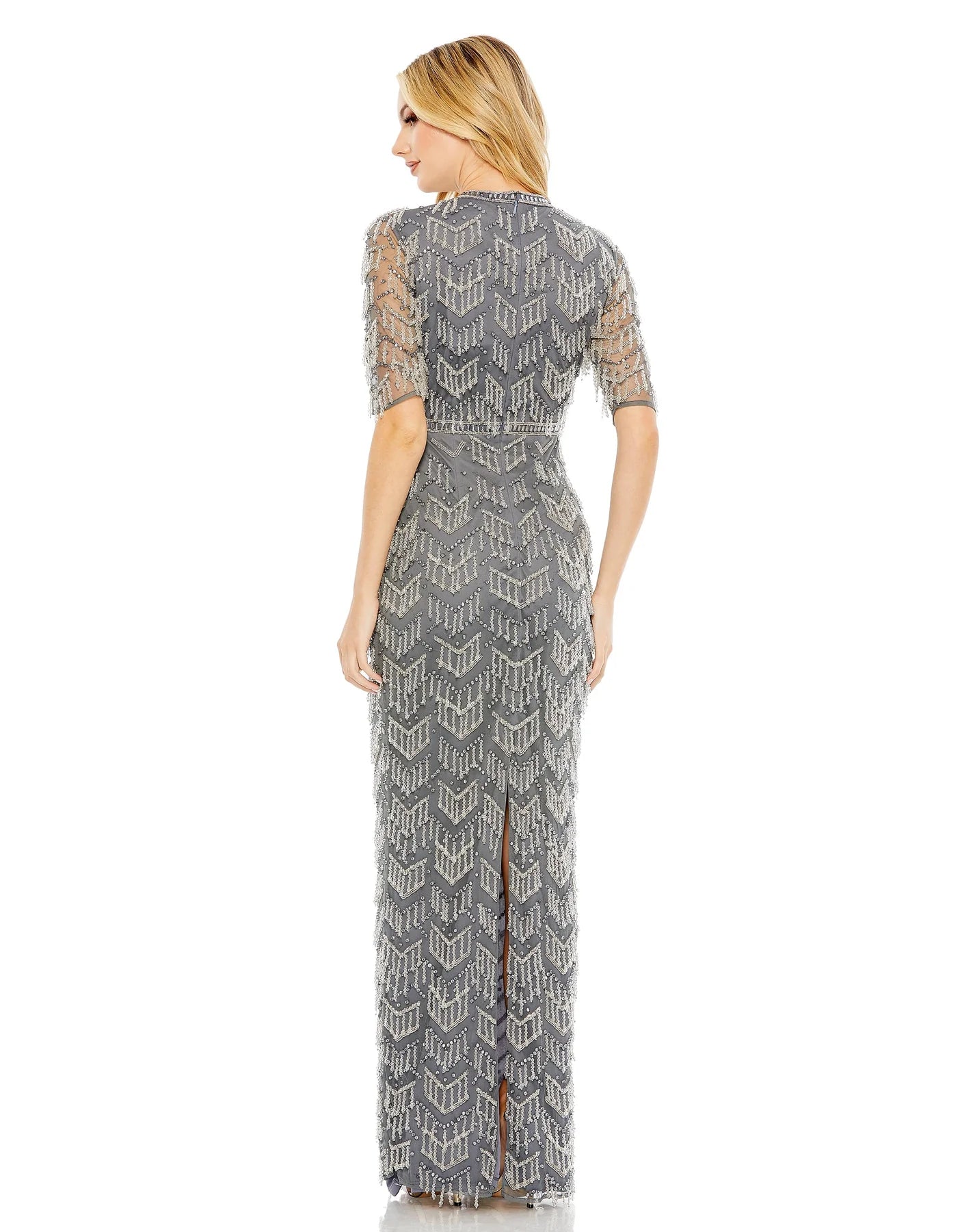 BEADED FRINGE QUARTER SLEEVE COLUMN GOWN