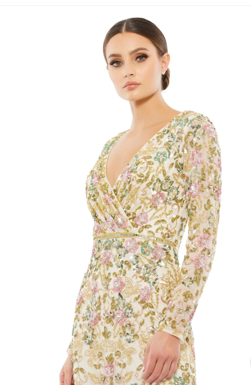 Mac Duggal LONG SLEEVE FLORAL EMBELLISHED GOWN