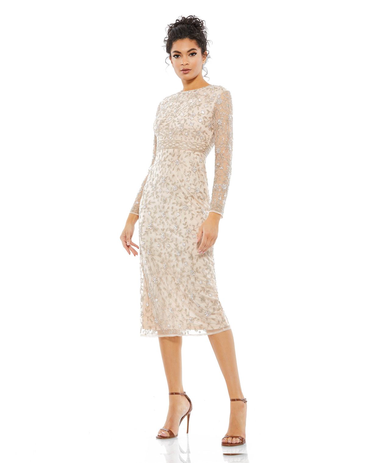 Mac Duggal BEADED TEA LENGTH DRESS W/ SHEER SLEEVES Pragnya Reddy Designer Studio Mac Duggal BEADED TEA LENGTH DRESS W/ SHEER SLEEVES Pragnya Reddy Designer Studio