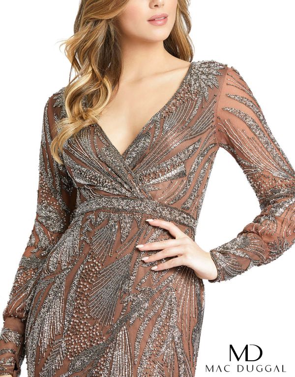 BEADED LONG SLEEVE WRAP OVER MIDI DRESS